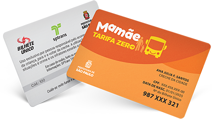 Dois Bilhetes Único Mamãe Tarifa Zero, um ilustrando a frente e outro o verso. 